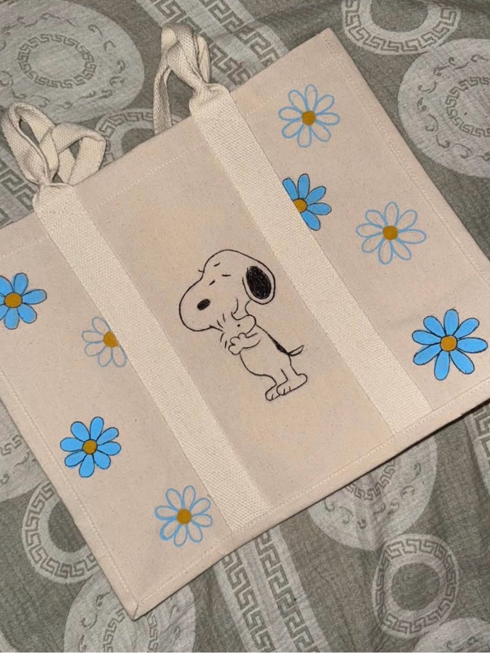 Canvas Tote Bag with Snoopy and Blue Daisies - Cream